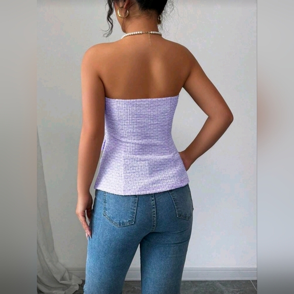 Rafferiza Women's Textured Strapless Cropped Top With Pearl Button Details - Picture 2 of 6